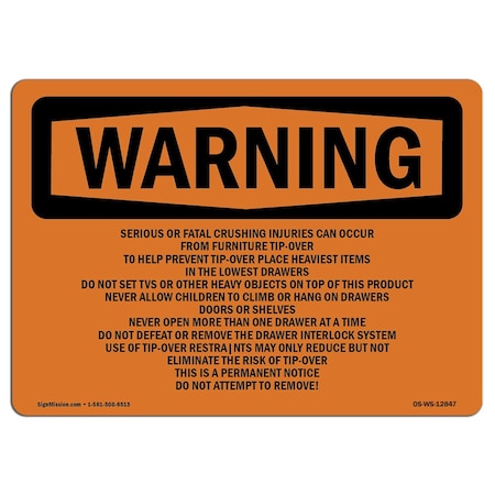 OSHA WARNING Sign, Tip-Over Hazard Do Not Attempt To Remove, 24in X 18in Rigid Plastic